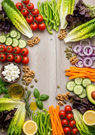 Healthy food background with fresh vegetables and nuts. Top view with copy space