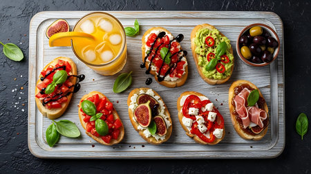 Bruschetta with prosciutto, mozzarella, tomatoes, black olives and basil on a wooden board. Top view