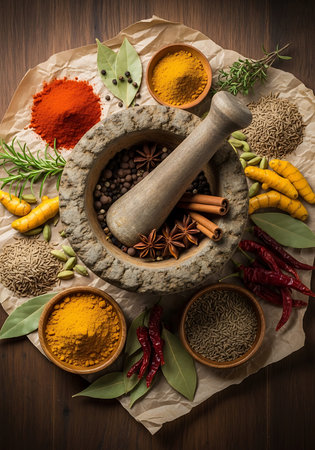 Mortar and pestle with different spices on wooden background.