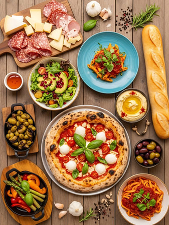 Italian pizza with ingredients on wooden background. Top view. Flat layの写真素材