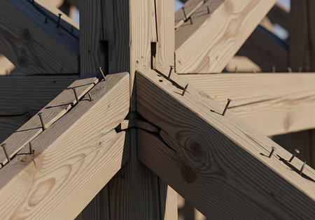 Detail of the construction of a wooden house. Abstract background.