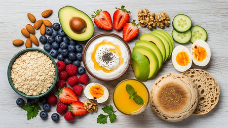 Healthy breakfast with oatmeal, yogurt, eggs, berries and fruits on wooden table