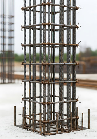Steel framework for concrete pouring at construction site, close-up.