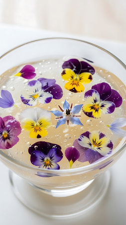 Colorful pansy flowers floating in water in a glass bowl.