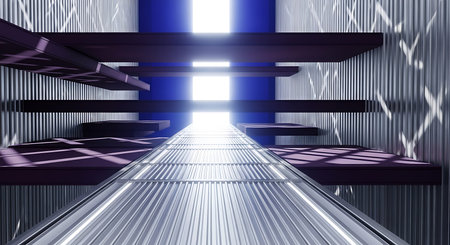 3d render of futuristic corridor with glowing lights. Futuristic interior design