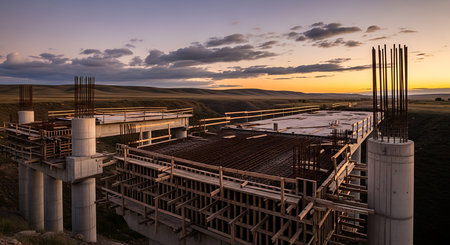 Aerial view of a construction site at sunset with a dramatic sky.