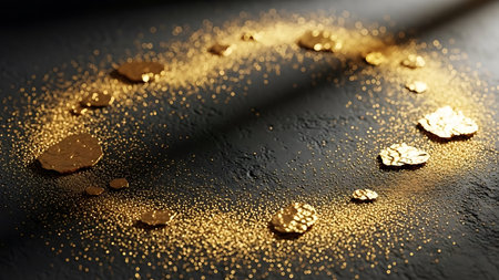 abstract background of golden water drops on a black metal surface, macro