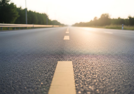 Asphalt road with yellow line in sunset light, shallow depth of field