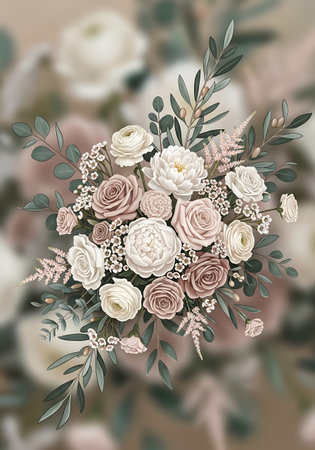 Bouquet of white and pink roses, eucalyptus, eucalyptus, wildflowers.の写真素材