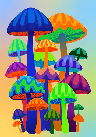 A group of mushrooms on a rainbow background. Vector illustration for your designの写真素材
