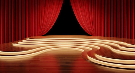 Red stage curtains and wooden floor, 3d rendering. Computer digital drawing.の写真素材