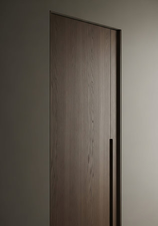 Wooden door on a gray wall. 3d rendering mock upの写真素材