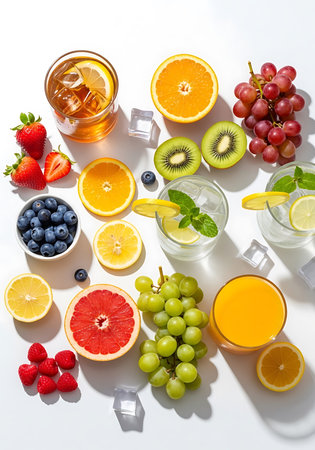 Fruit and berry juices on a white background, top view