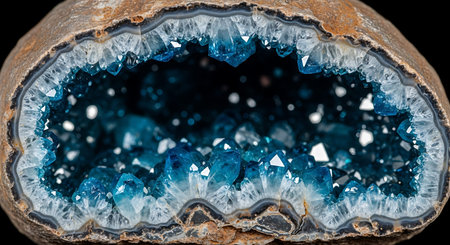 Macro shooting of natural mineral rock specimen - blue agate gemstone on black background.の写真素材