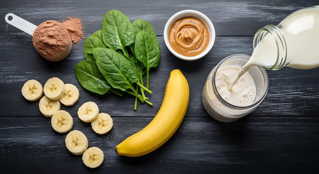 Ingredients for making banana smoothie or milkshake on wooden backgroundの写真素材