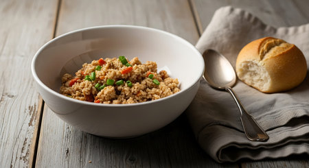 Vegetarian couscous with vegetables in a bowl on a wooden backgroundの写真素材