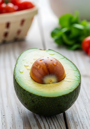 Avocado with basil and tomatoes on white wooden table, selective focus