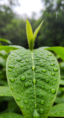 Water drop on green leaf with nature background, Water drop on green leaf.の写真素材