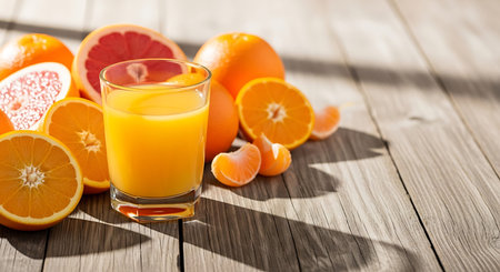 Glass of orange juice and fresh fruits on a wooden table with sunlightの写真素材