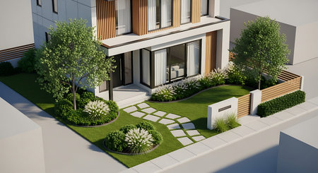 3d rendering of modern cozy house in the garden with garage for sale or rent.の写真素材