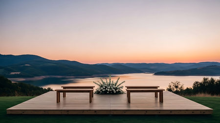 Wooden table and chairs on the terrace with lake view at sunsetの写真素材