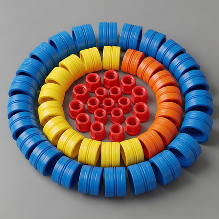 3d illustration of red and blue plastic pipes in circle over gray backgroundの写真素材