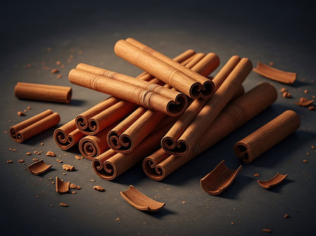 Cinnamon sticks on a black background. Vintage style toned pictureの写真素材