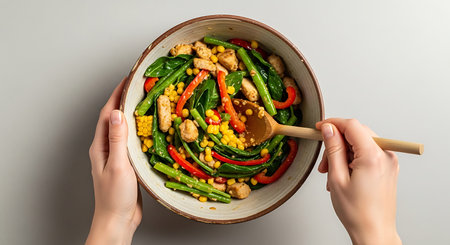 Woman's hands stir fried vegetables with chicken and chickpeas in a bowlの写真素材