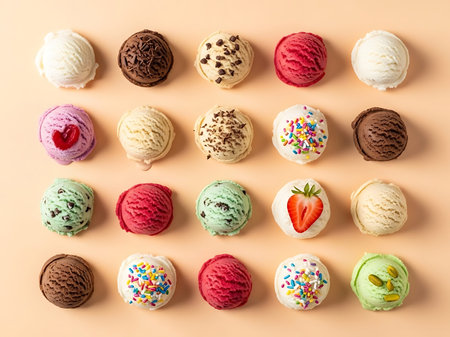 Ice cream scoops of different colors and flavors with strawberry, chocolate, vanilla, strawberry, blueberry, pistachio, vanilla and chocolateの写真素材