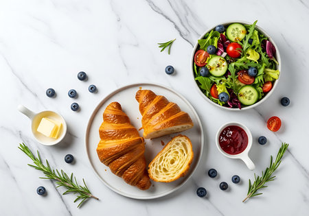Healthy breakfast with croissant, fresh vegetable salad and butter on white marble backgroundの写真素材