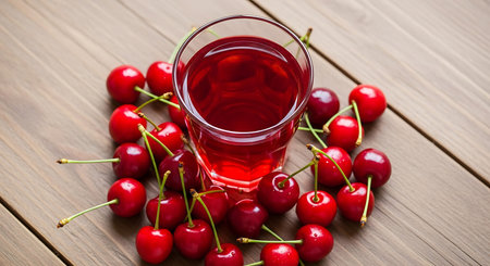 Cherry juice in a glass and fresh cherries on wooden backgroundの写真素材