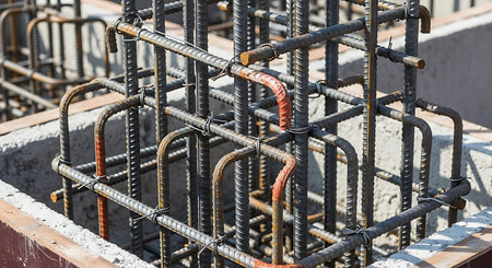 Construction site with scaffolding and steel rods, closeup of photoの写真素材