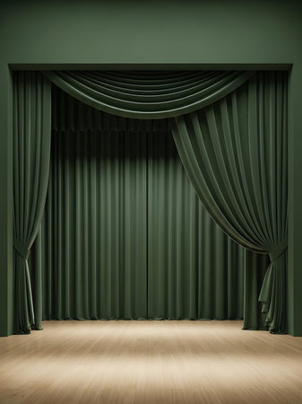Green theater curtain with wooden floor. 3d render. Mock upの写真素材
