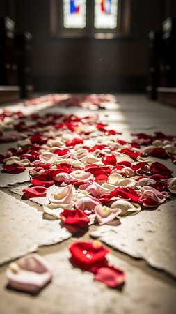 Red and white rose petals on the floor in a church.の写真素材
