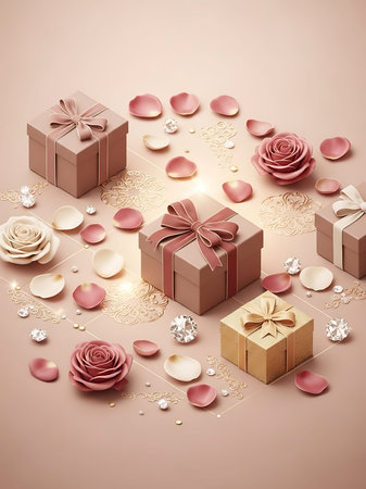 3d render of gift box and rose flowers on beige backgroundの写真素材