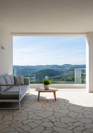 interior modern house, living room view from the terrace, nobody insideの写真素材