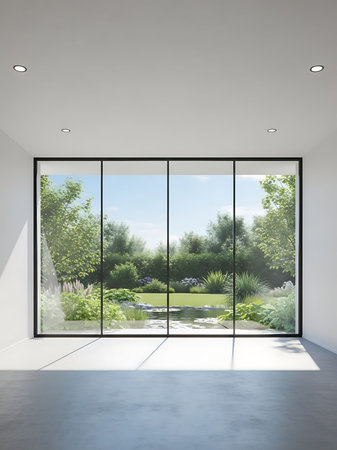 interior of modern house, view from the window. 3d renderingの写真素材
