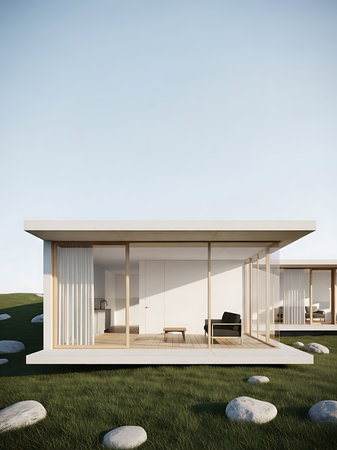 Exterior of modern house with white walls and wooden floor. 3d renderingの写真素材