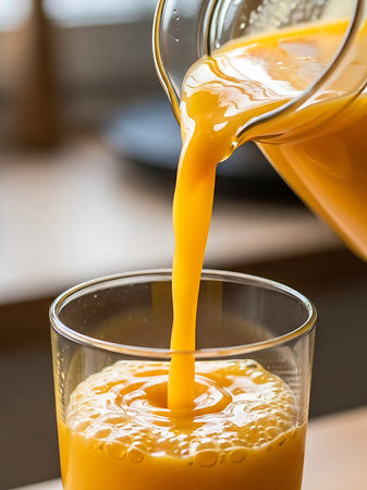 Orange juice pouring into a glass on a wooden table in a cafeの写真素材