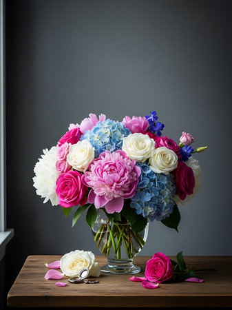 Bouquet of flowers in a vase on a wooden tableの写真素材