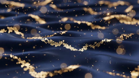 Golden glitter particles on a blue background. 3d rendering, 3d illustration.の写真素材