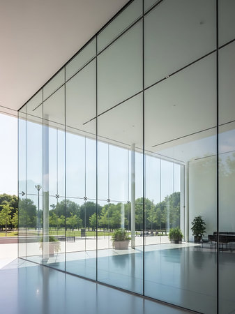 Modern office building with glass wall and floor reflection. 3d renderingの写真素材