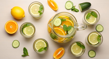 Glass jars with citrus water on light background, top view. Refreshing drinkの写真素材
