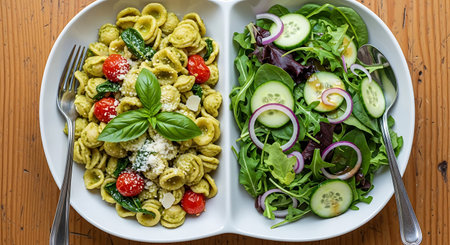 Fusilli pasta with pesto sauce, arugula, cherry tomatoes and parmesan cheeseの写真素材