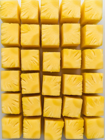 Pineapple slices arranged in a square pattern on a white backgroundの写真素材