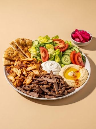 plate of kebab, hummus and vegetables on beige backgroundの写真素材