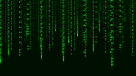 Green matrix on the dark background with different numbers and light. Big data visualization. Digital texture backdrop. vector illustration.のイラスト素材