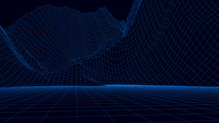 Abstract digital neon grid background. Futuristic retro mountains backdrop. Big data visualization. For website and banner design. vector illustration.のイラスト素材