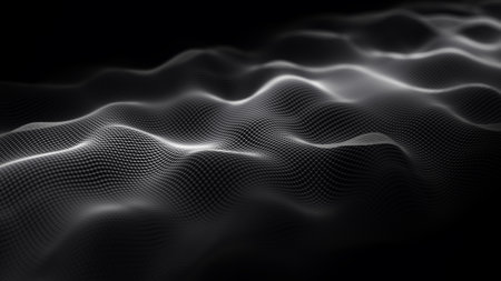 Digital wave with dots on the dark background. The futuristic abstract structure of network connection. Big data visualization. 3D rendering.の写真素材