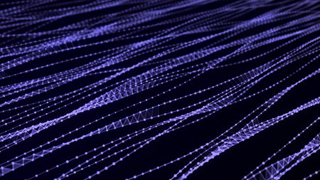 Digital gradient wave with dots, lines and triangles on the dark background. The futuristic abstract...